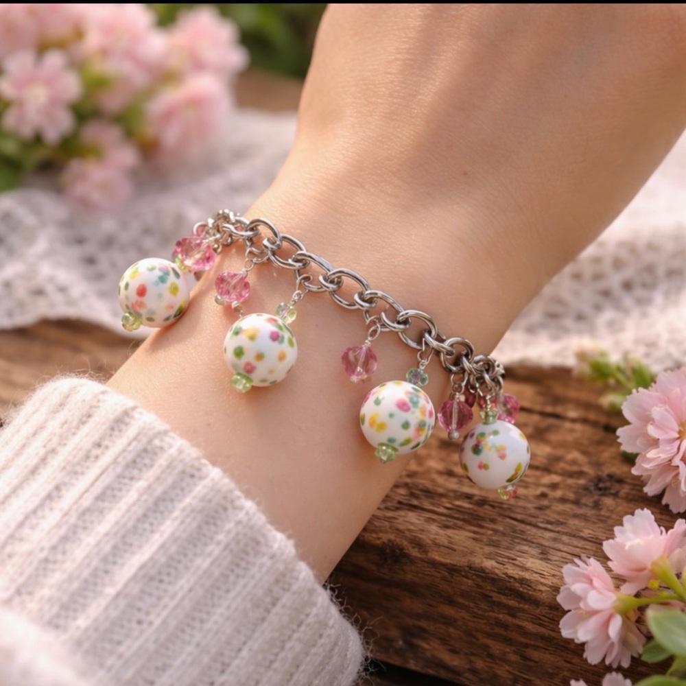 Artisan Floral Bead Charm Bracelet with Pink and Green Accent Crystals Vintage